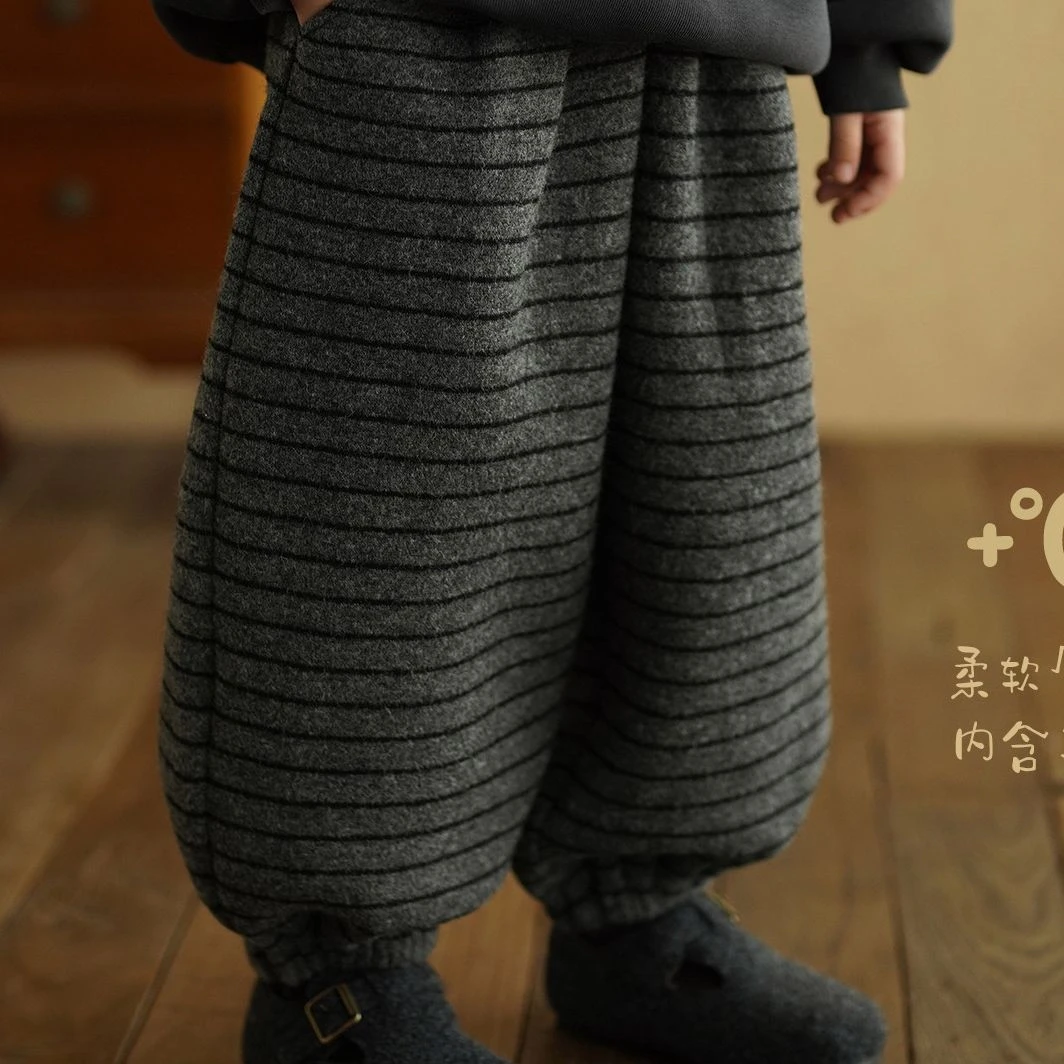 砚台家童装条纹休闲裤2025冬装新款男童束脚裤儿童加绒保暖休闲裤