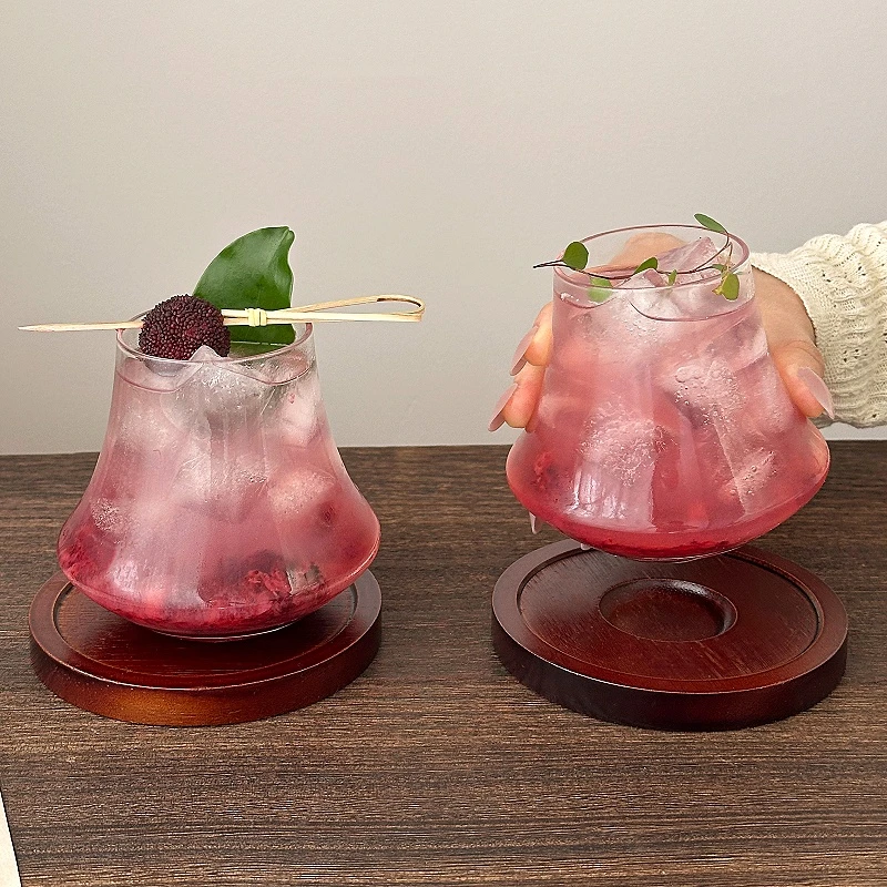 新中式玻璃杯微醺鸡尾酒杯带杯垫火山杯高颜值鸡尾酒特调杯家用
