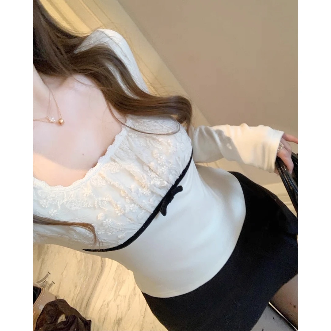 双面慕斯绒方领蕾丝T恤女秋冬季2025新款内搭打底衫白色长袖上衣