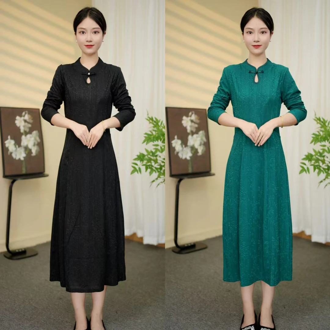 【吉遇优选】349-30#新品云锦丝提花刺绣中式水滴领旗袍连衣裙