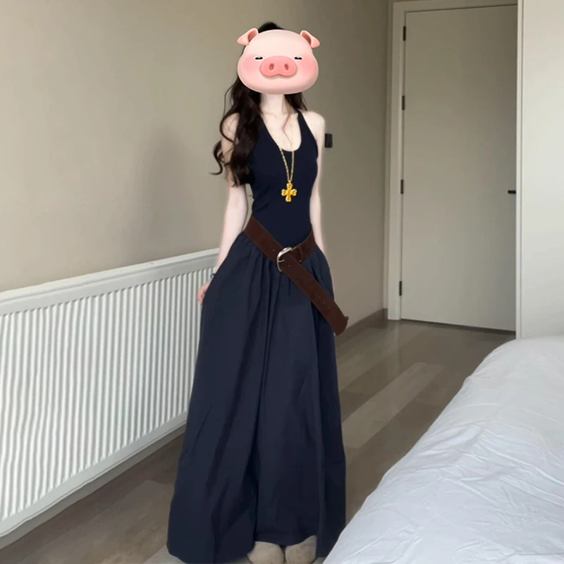 2025新款法式蓝色挂脖吊带连衣裙子女初夏季独特漂亮掐腰气质长裙