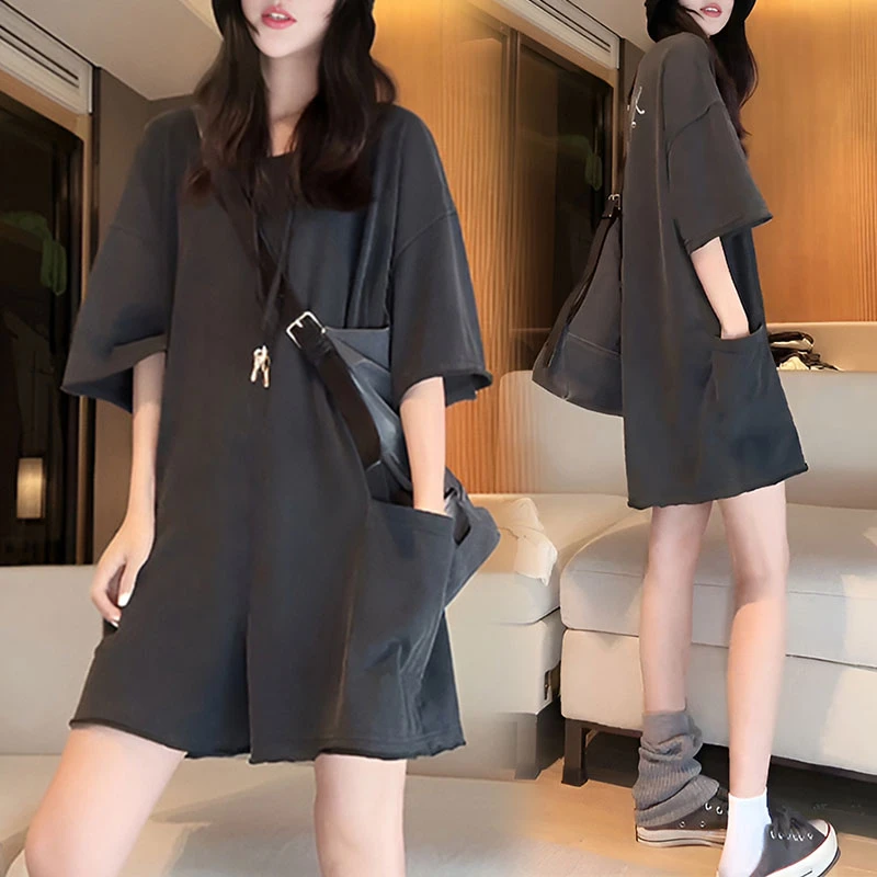 2025年夏季新款纯色插袋连体裤宽松显瘦美式洋气圆领短袖连体短裤