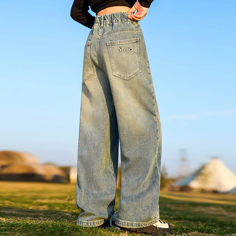 儿童秋装2025年新款大女童装宽松裤子春秋款破洞牛仔裤秋季直筒裤