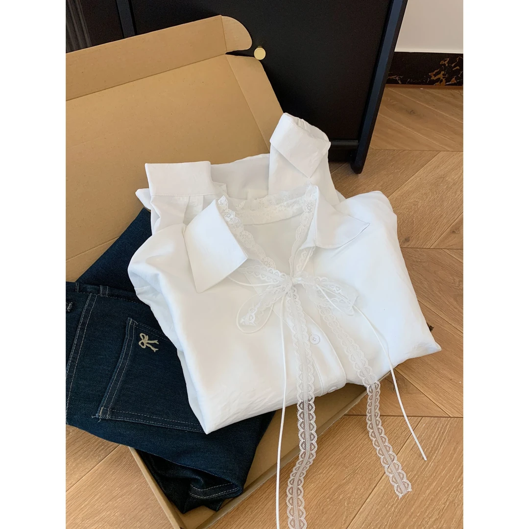 法式蕾丝蝴蝶结百搭甜美女士气质上衣衬衣气质打底衬衫女春季内搭