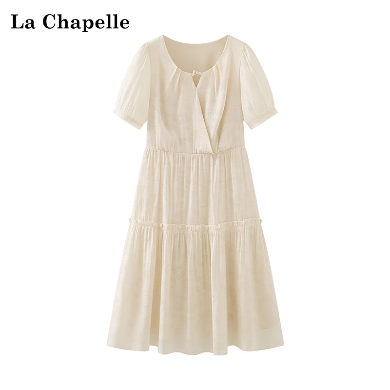 拉夏贝尔圆领盘扣短袖连衣裙女设计感气质通勤时尚小众高腰长裙子