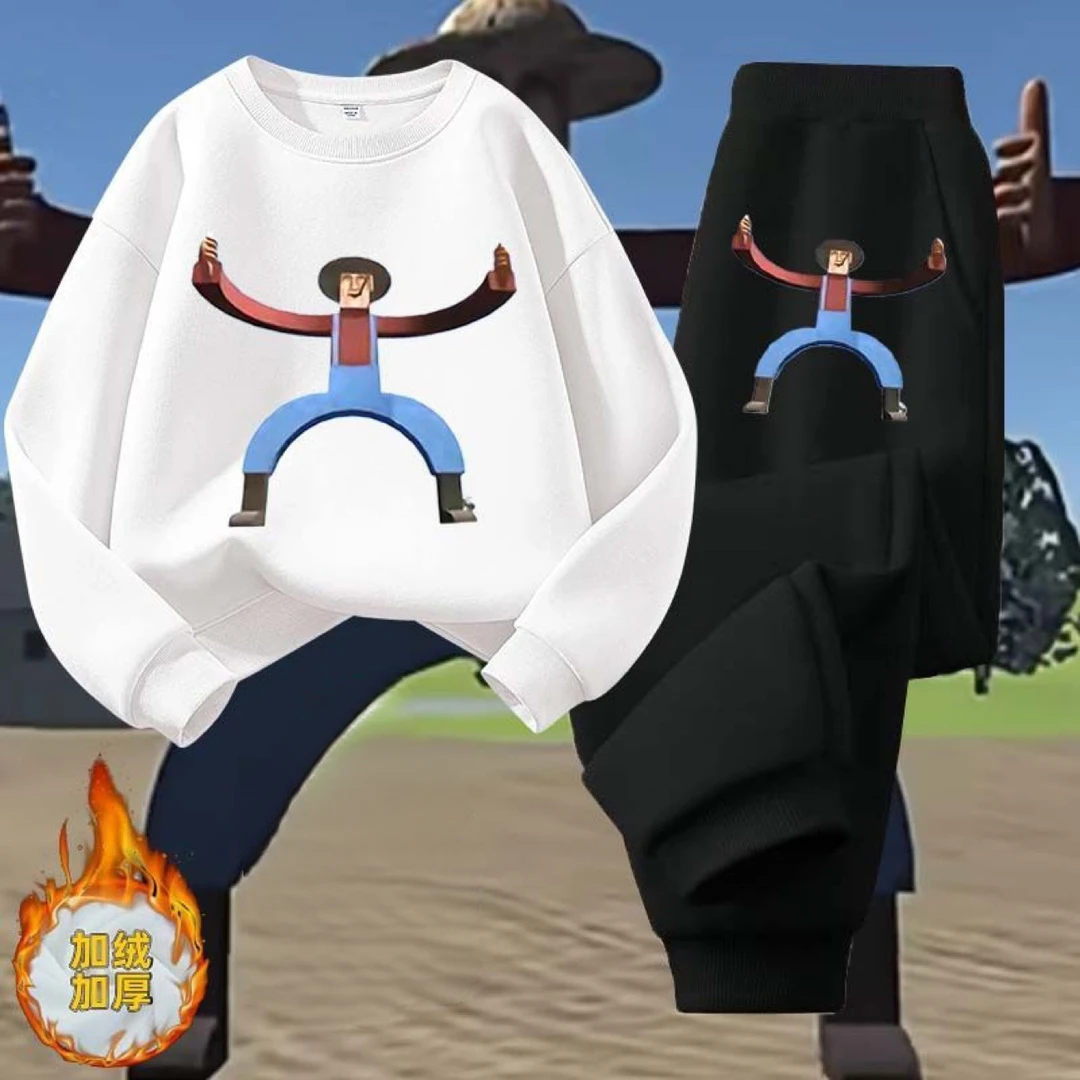 2025冬季爆款热梗约翰的农场挖掘机里腌萝卜圆领卫衣印花加绒套装