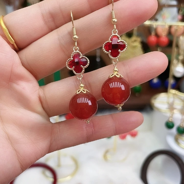 玛瑙/玉髓耳钉合金红玛瑙四叶草配件