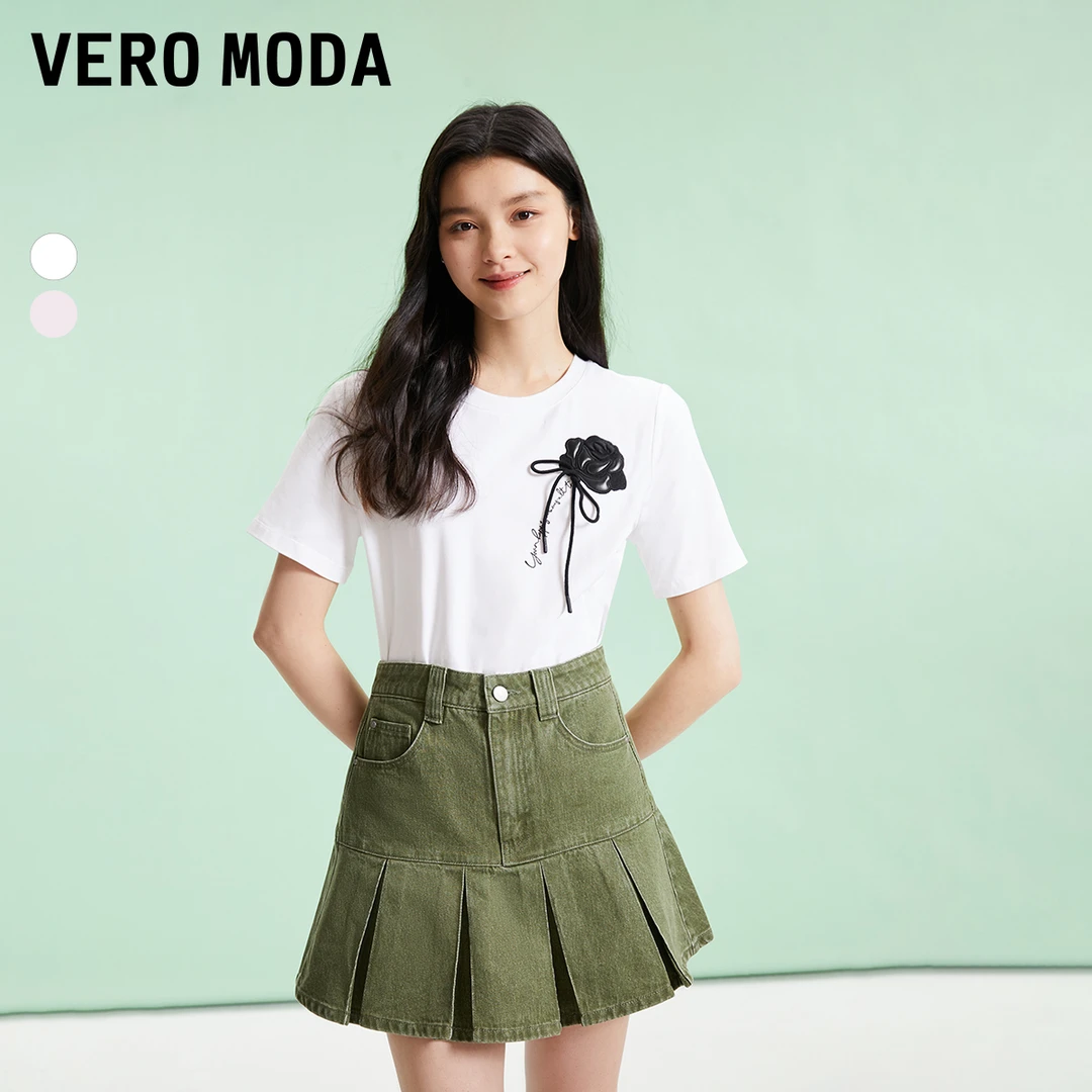 Vero ModaT恤2025夏季新款含棉立体花朵绑带纯欲慵懒上衣百搭短袖