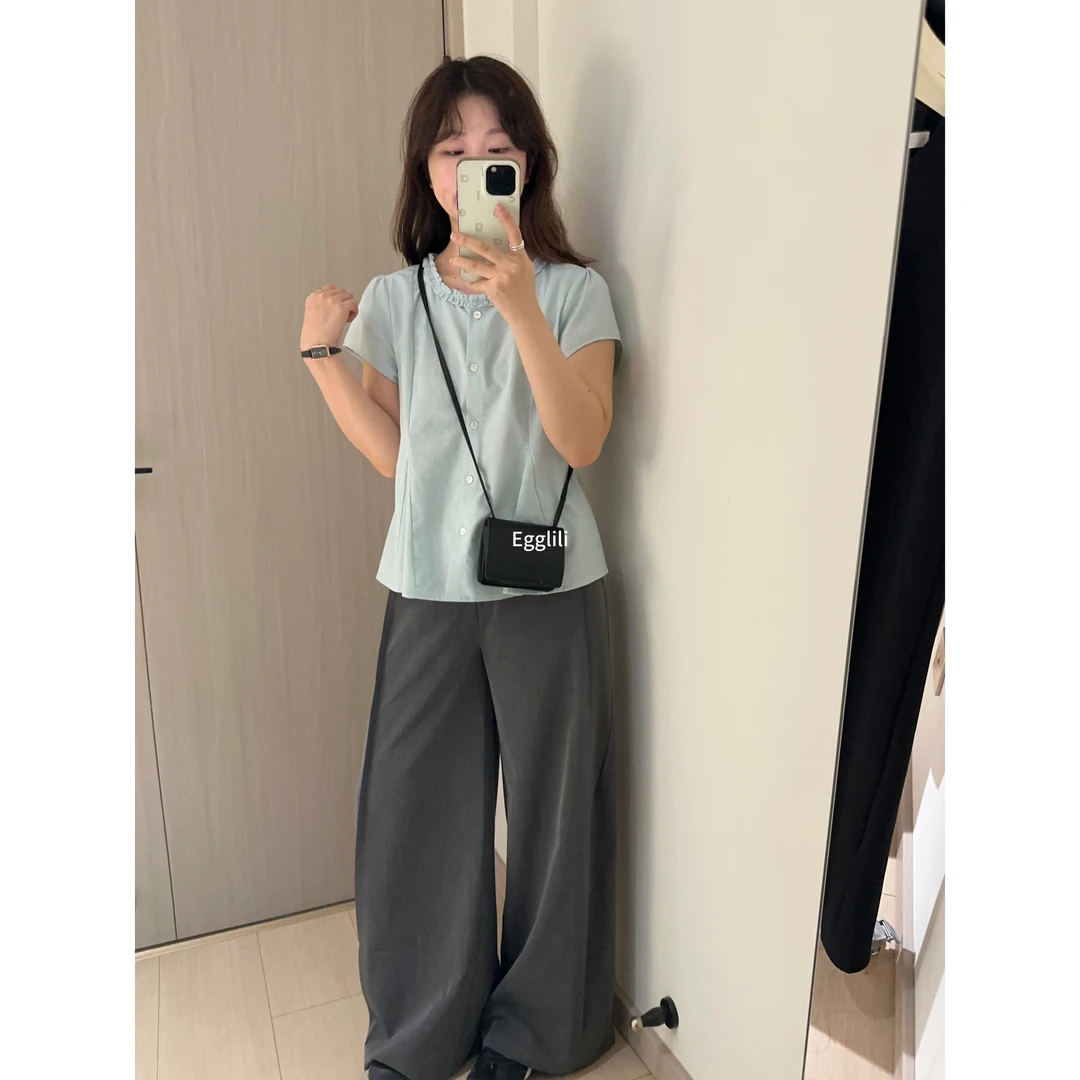 【亚麻压褶小衫】花边收腰衬衫