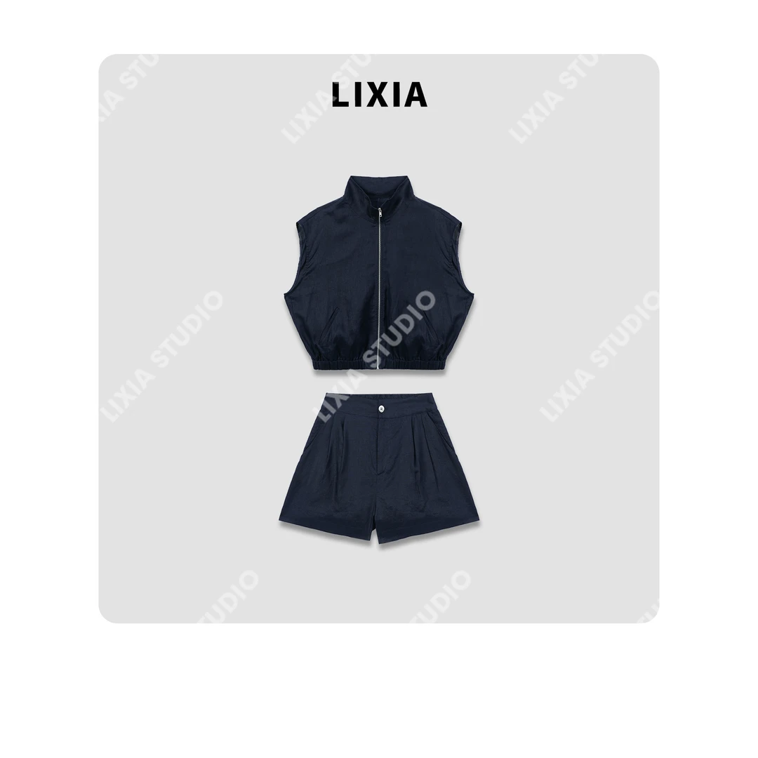 LIXIA【朝朝暮暮】INS风亚麻休闲薄款上衣假两件短裤套装-D8136