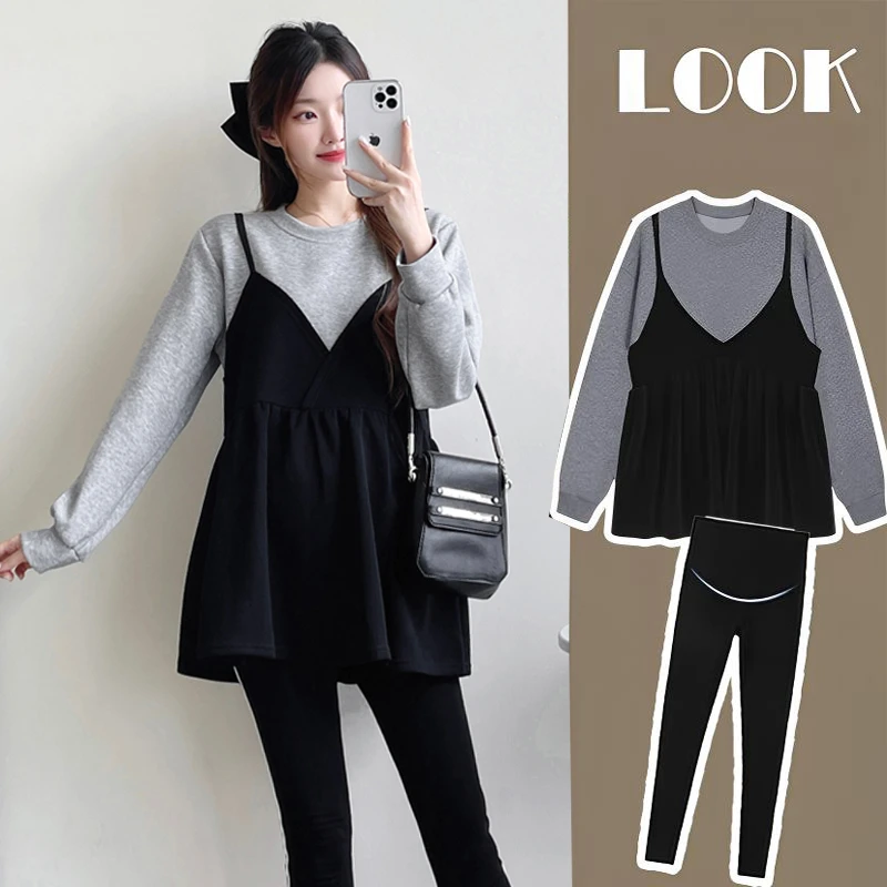 孕妇卫衣上衣春秋季加绒加厚中长款卫衣保暖怀孕期拼接遮肚显瘦女