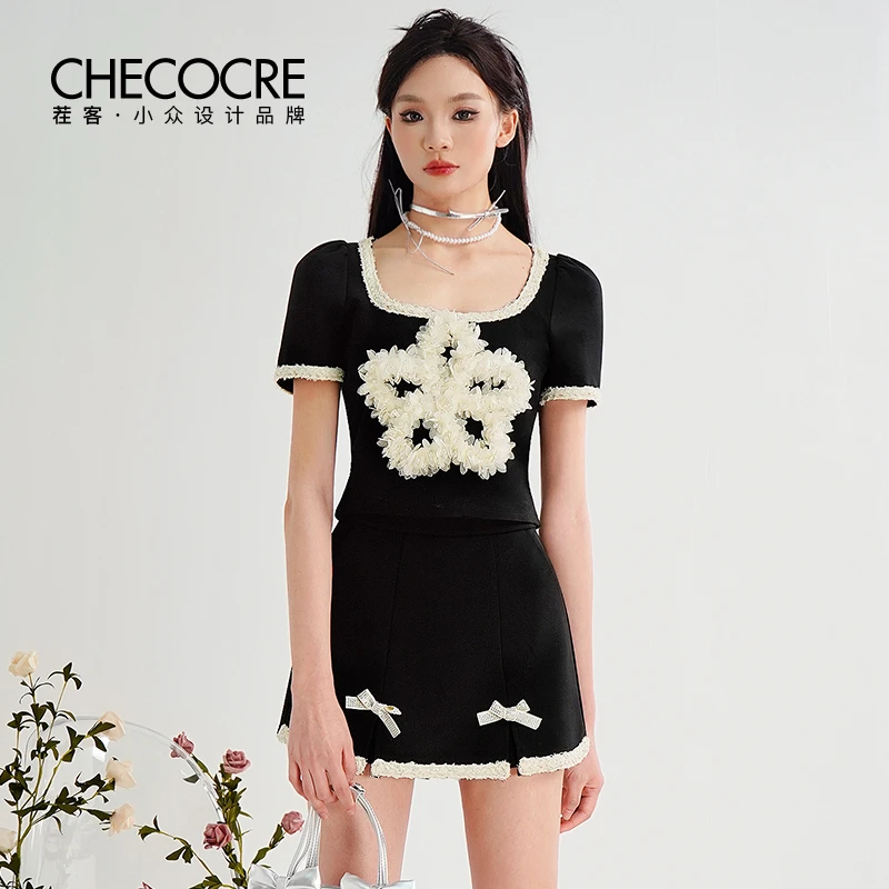 茬客小香针织套装25夏季新款精致立体贴花上衣短裙裤CM490665AB