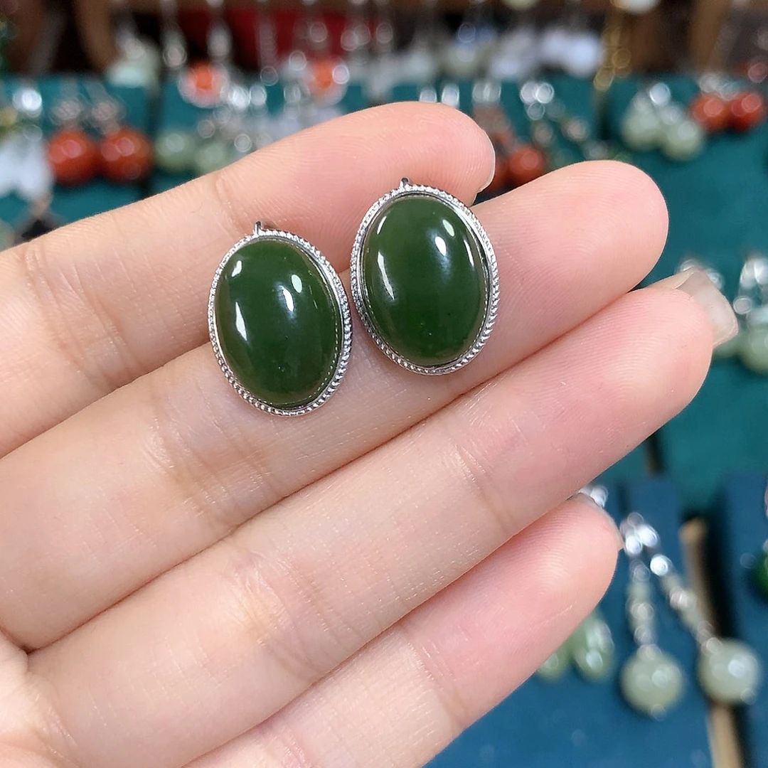 和田玉（碧玉）耳饰银S925镶嵌14*10左右