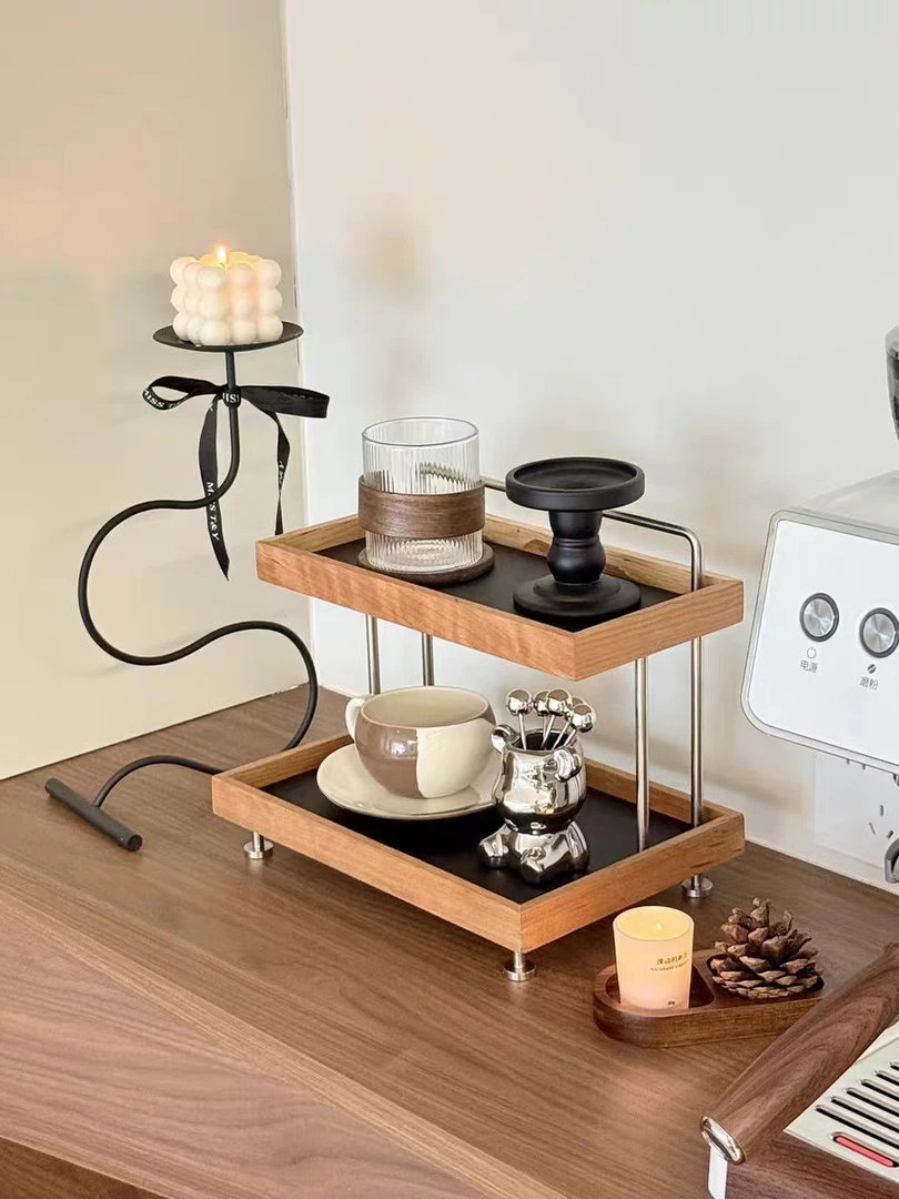 中古风实木樱桃木色化妆品收纳架多功能桌面整理杯子香水置物架