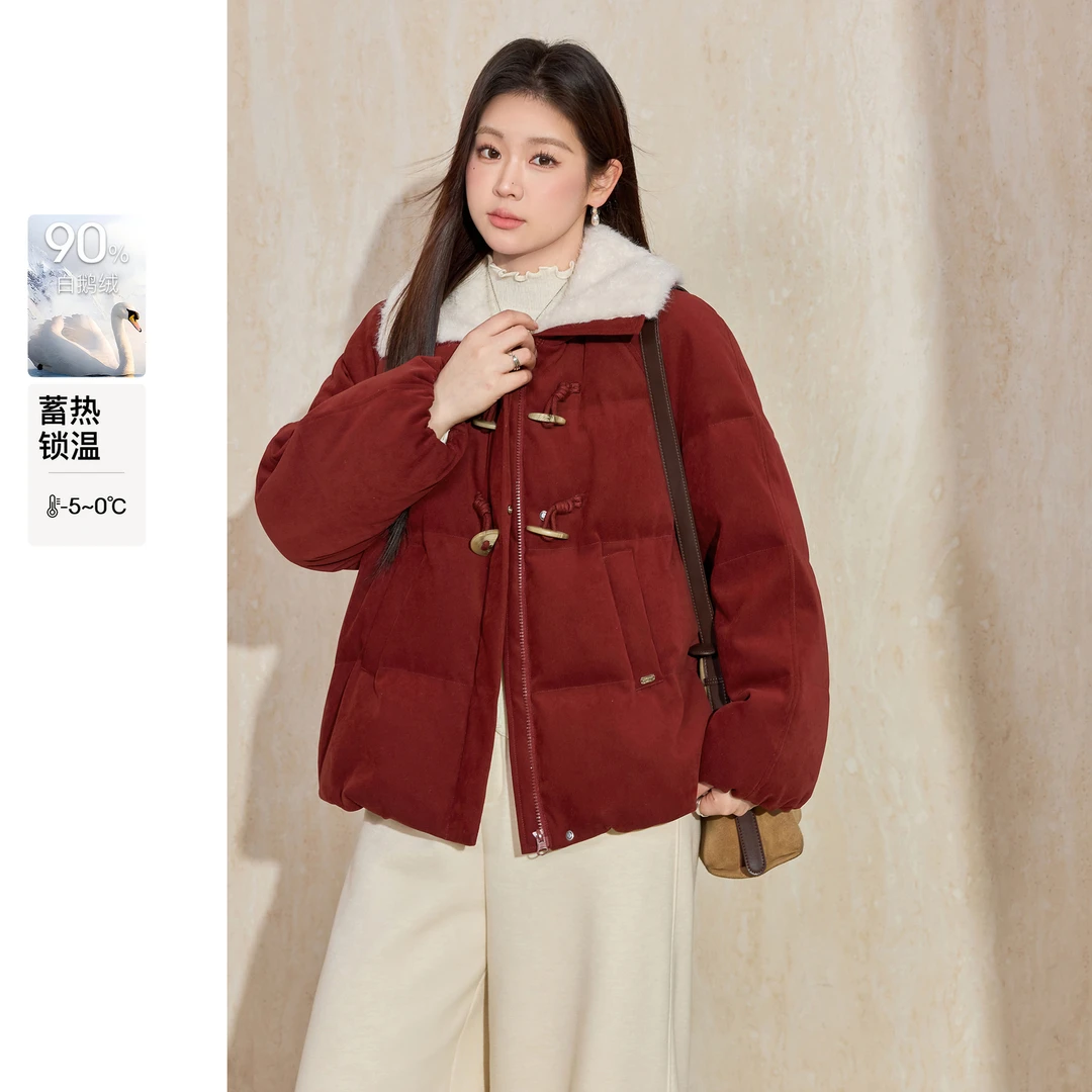 大码仿羊羔毛翻领牛角扣加厚羽绒服冬季90白鹅绒保暖红色羽绒外套