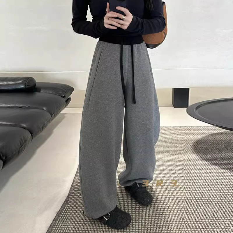 加绒加厚高级感撞色抽绳弯刀阔腿裤宽松显瘦遮肉百搭长裤SY