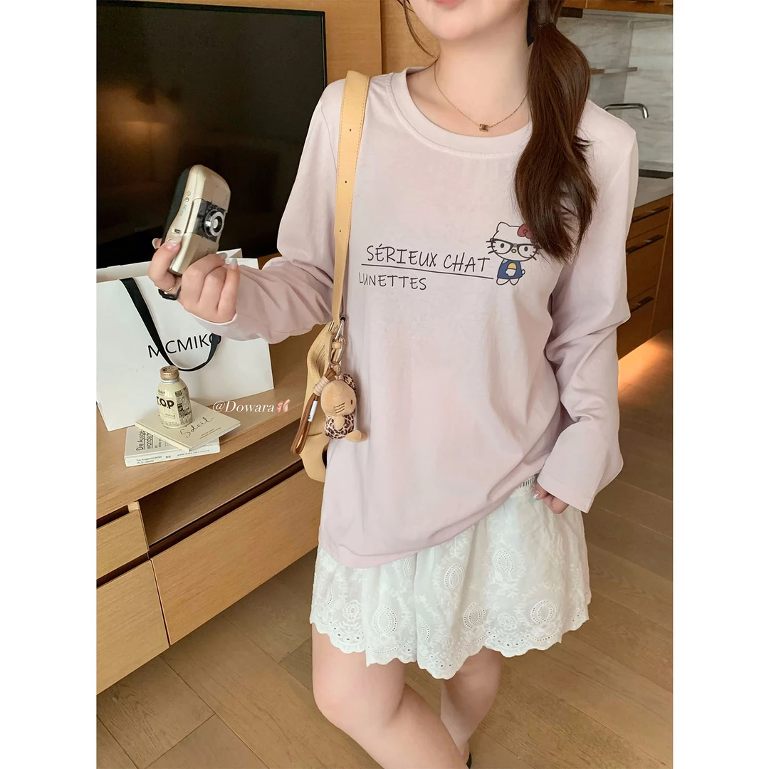 大婉酱千千微胖定制 韩系正肩圆领kitty长袖T恤印花宽松上衣7991D