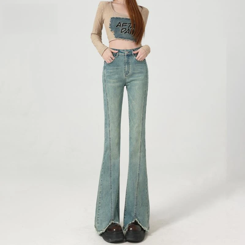高腰微喇牛仔裤女2025年夏季新款韩版毛边马蹄裤修身显瘦喇叭裤子