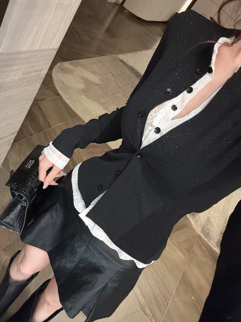 【青雾霓裳】时尚气质简约细闪撞色假两件上衣（8751）