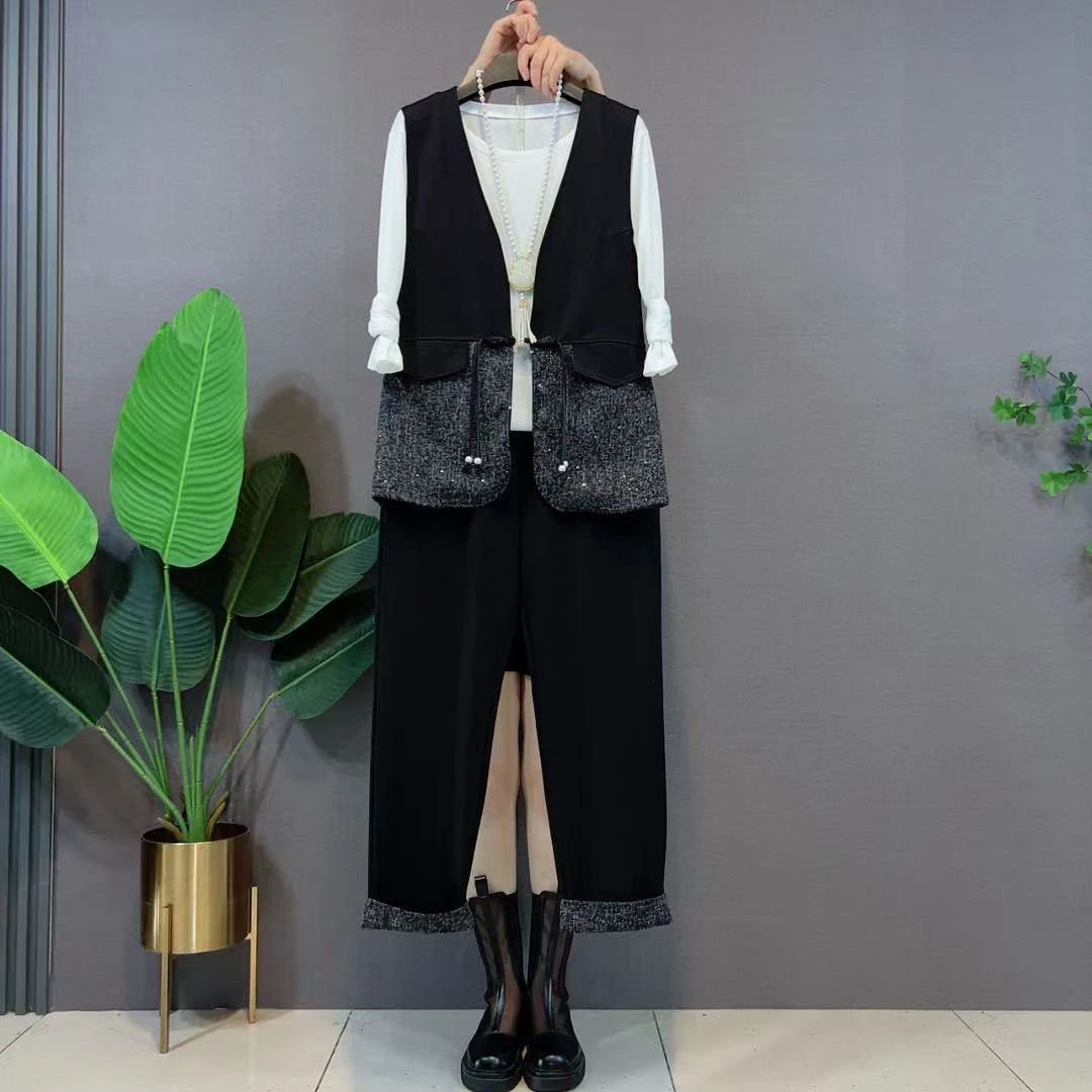 欧货新中式流苏扣马甲长袖打底衫长裤胖妹妹复古风春秋款三件套