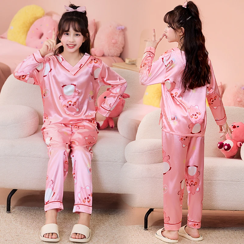 儿童睡衣女童春秋季冰丝长袖中大童13岁男孩空调家居服夏薄款套装