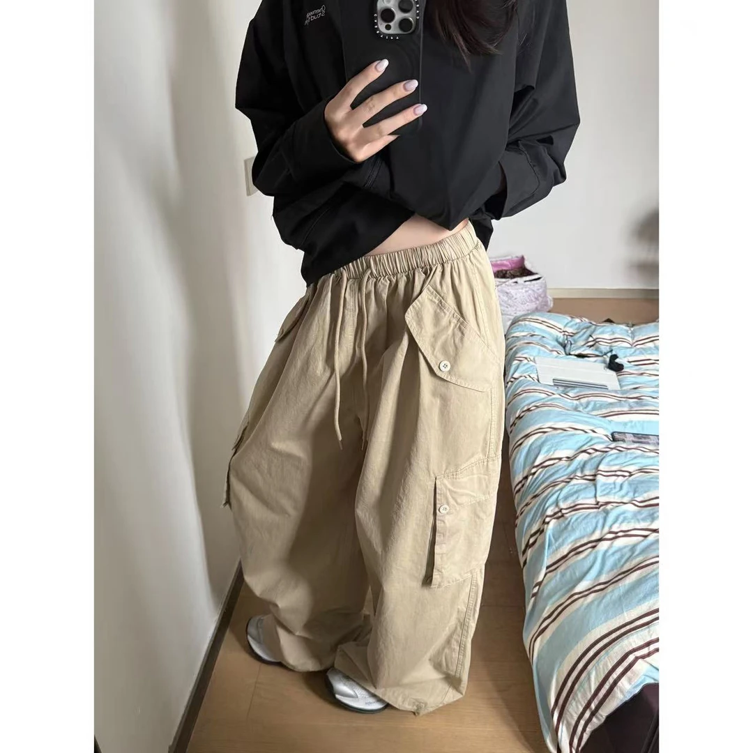 【陈碗饭】韩系显瘦工装裤宽松高腰口袋抽绳长裤休闲裤151