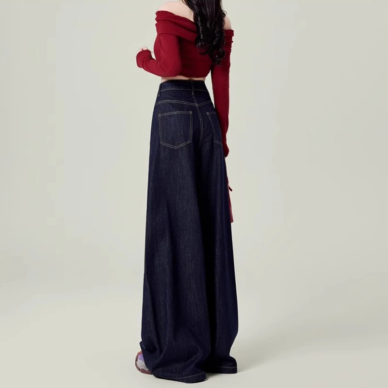 复古深蓝大阔腿牛仔裤女2024秋冬新款美式高腰宽松垂感辣妹拖地裤