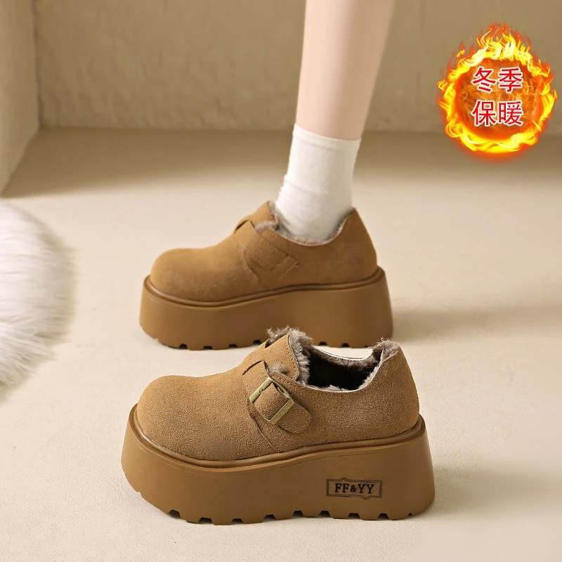 2024年冬季英伦风厚底增高真皮7CM勃肯鞋女厚底棉鞋加绒加厚复古