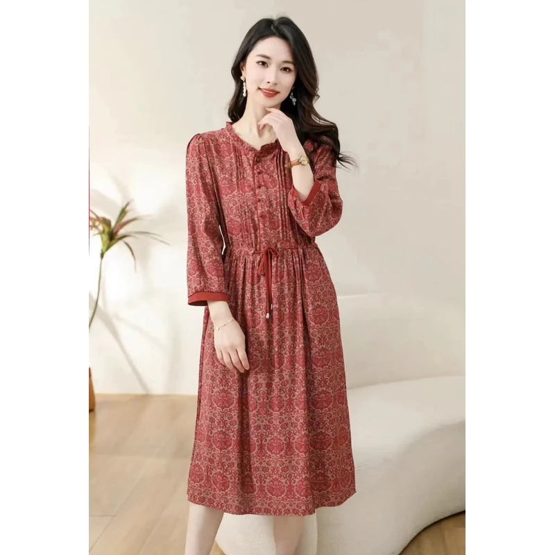 【千姿燕】2886新款花边领粉红图腾抽绳气质百搭时尚显瘦女装连衣裙