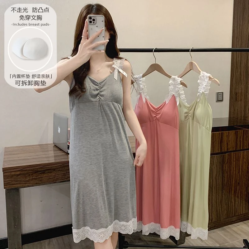 带胸垫睡裙女吊带夏季甜美性感花边睡衣家居服中长款