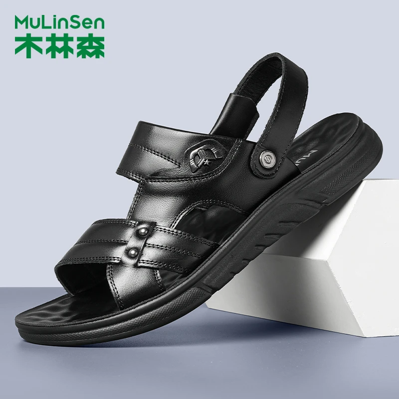 木林森头层牛皮凉鞋男士真皮2025夏季新款开车户外凉拖防滑沙滩鞋