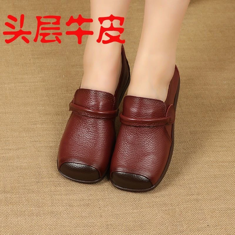 闰月红色妈妈皮鞋春季超软真皮单鞋复古手工拼色百搭平底方头女鞋