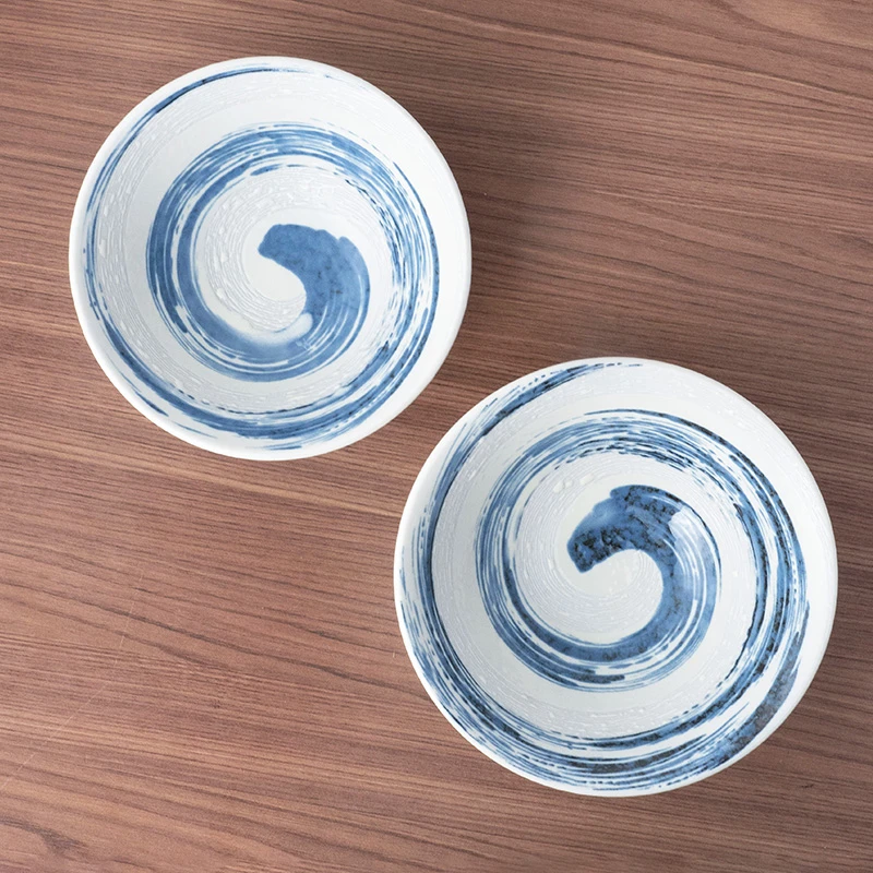 美浓烧日本进口陶瓷面碗家用餐具日式复古螺旋纹斗笠碗釉下彩大碗