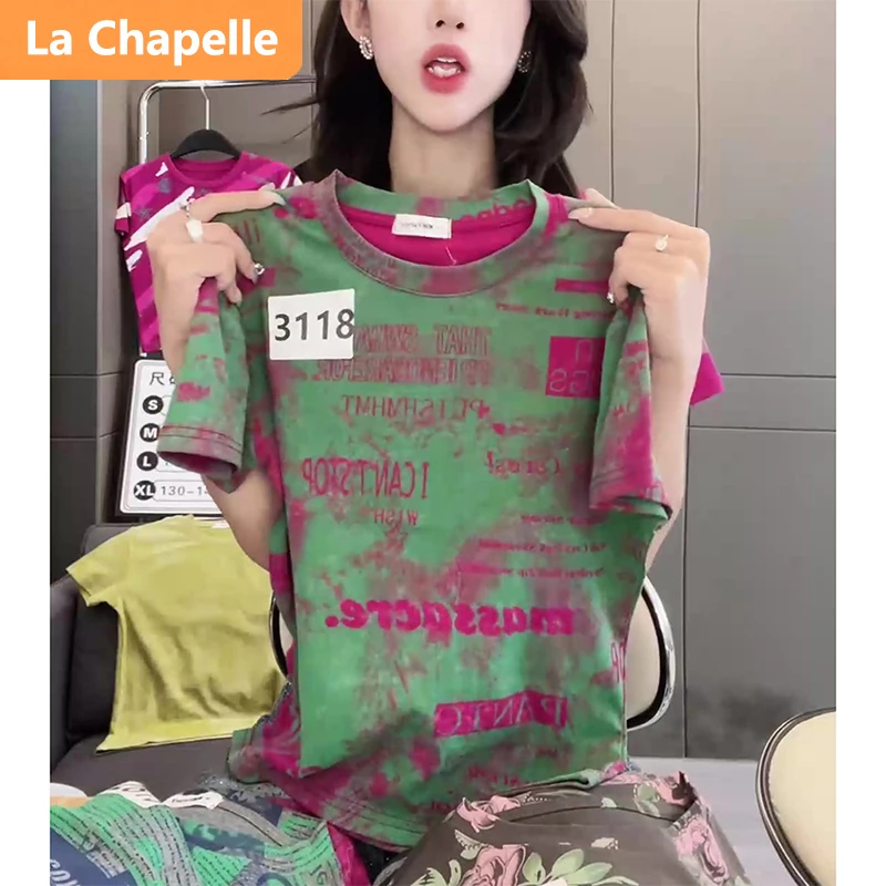 拉夏贝尔杂志风圆领宽松短袖T恤女潮流时尚个性拼接扎染百搭上衣
