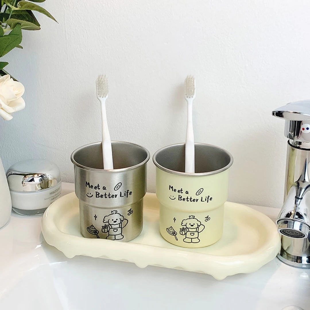 ins可爱比熊狗狗漱口杯304不锈钢阶梯简约高颜值情侣洗漱牙刷