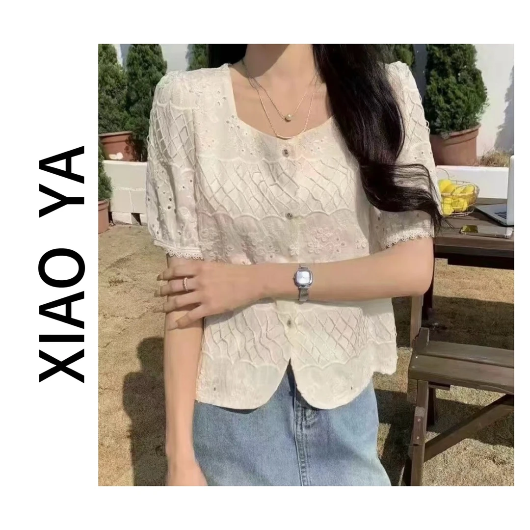 69A18-2夏季新款气质方领重工镂空立体提花刺绣百搭上衣