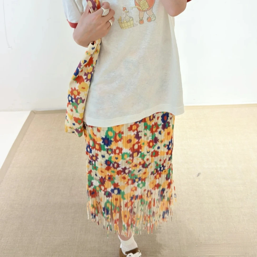 aub25SS春夏新款流苏印花压褶半裙半身裙