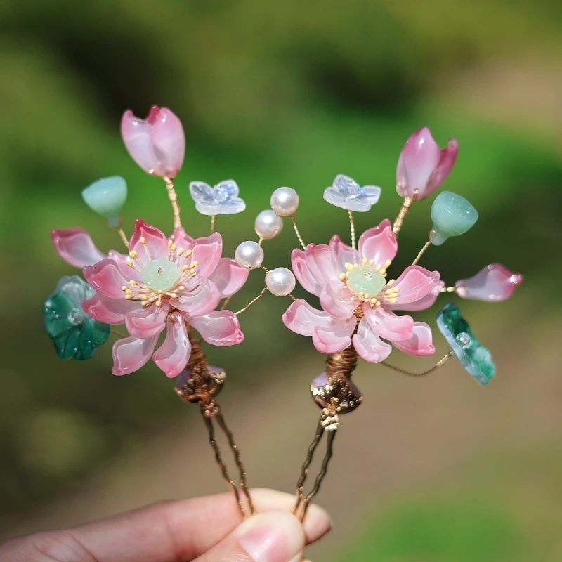 六月荷花琉璃发饰小唐风荷花花神发钗古风流苏头饰森系后脑勺簪花