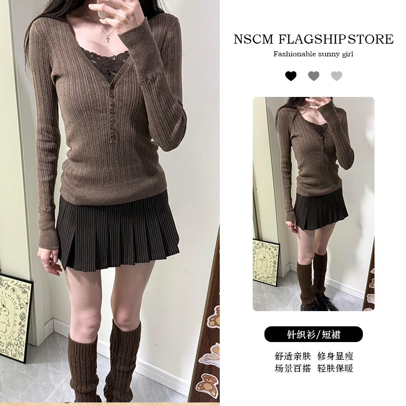 NSCM春秋新款潮牌女装韩版V领修身百搭长袖针织衫高腰短裙套装