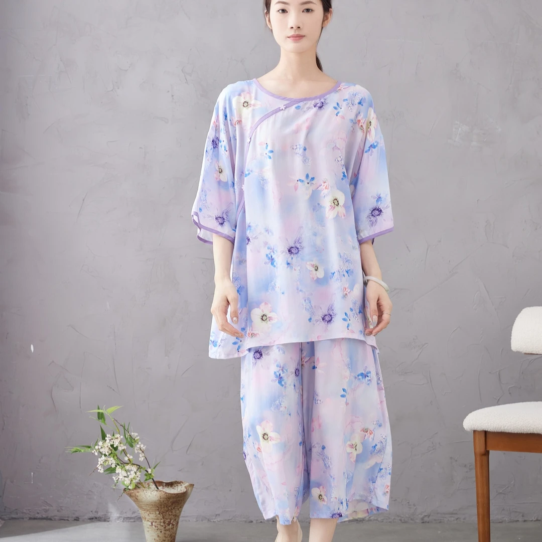薄款大码棉绸套装新中式短袖时尚宽松胖MM200斤家居服女睡衣夏季