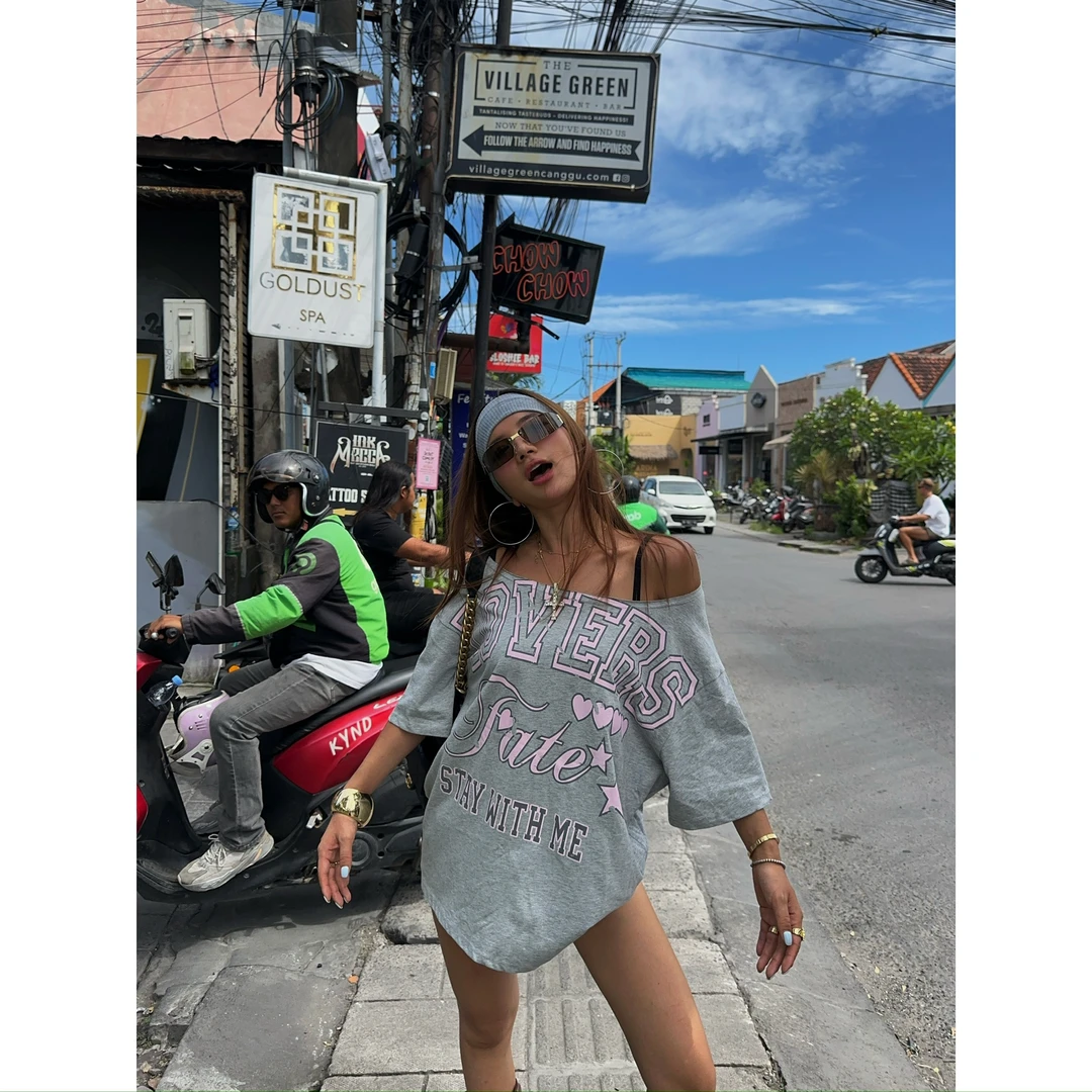 KKSHOP美式辣妹街头oversize短袖T恤一字领/斜肩字母印花宽松上衣
