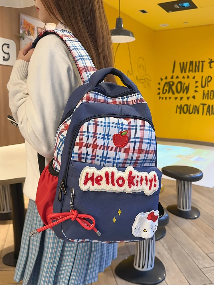 可爱格子美式背包猫猫复古星星百搭大容量双肩包初高中大学生书包