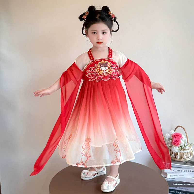 女童哪吒连衣裙2025夏季新款汉服女宝宝洋气襦裙新中式唐装表演裙