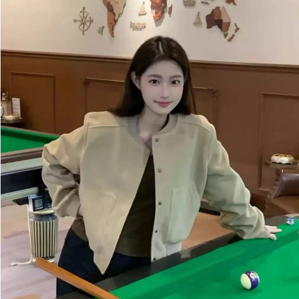（老三老七专属）美式复古灰色短款棒球服外套女春秋宽松休闲夹