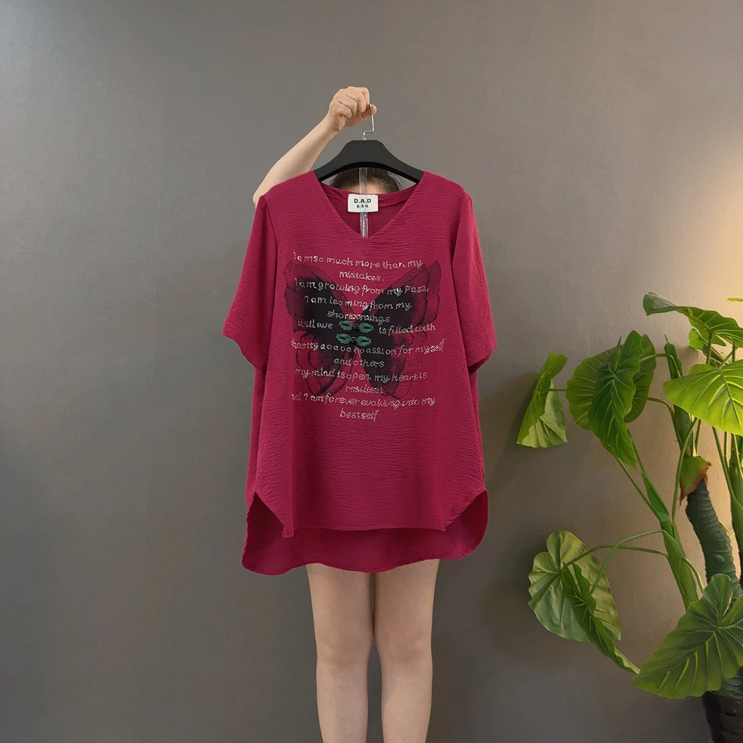 1272T恤V领烫钻拼接常规款时尚常规紫色大码红色重工百搭女士玫红