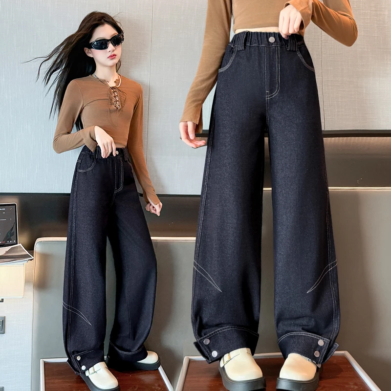 女童牛仔裤宽松阔腿裤秋季新款洋气儿童显瘦裤子中大童高腰直筒裤