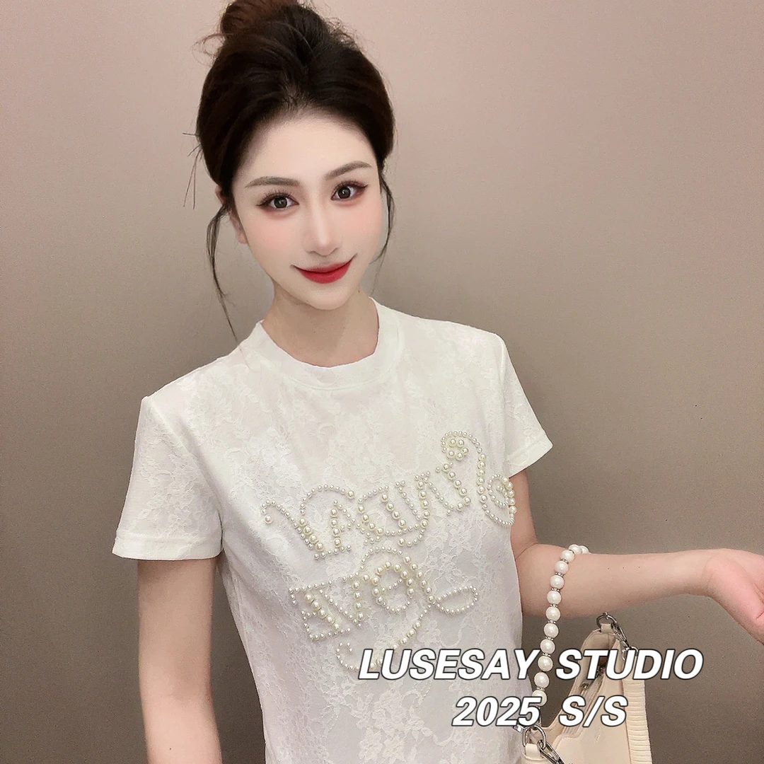 LUSESAY 蕾丝满印重工钉珠 夏季2025新款 短袖t恤女百搭显瘦上衣