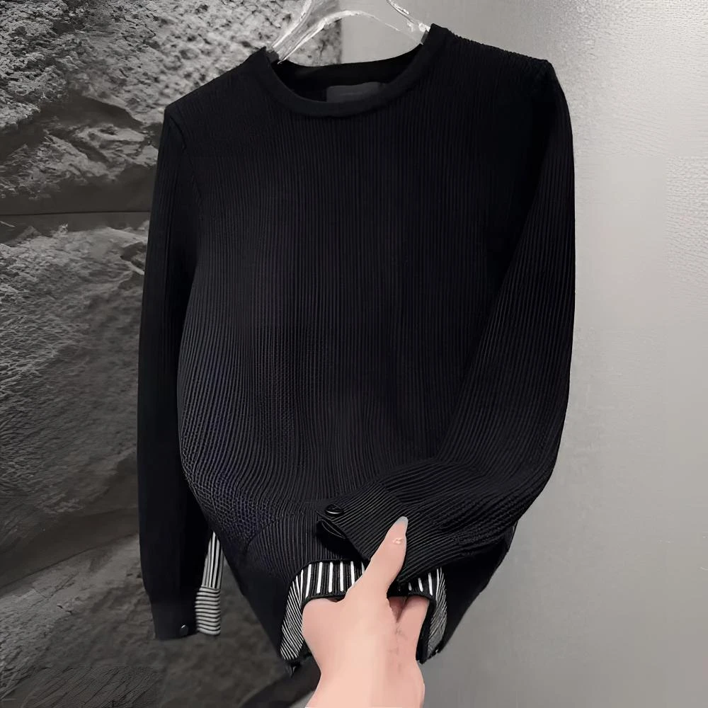 【商务休闲】2025秋季新款套头条纹拼接圆领假两件针织衫毛衣打底衫