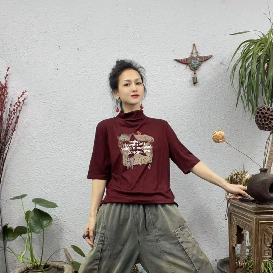 2388中领中袖印胶五角星细纹棉T上衣（长58胸围108-160