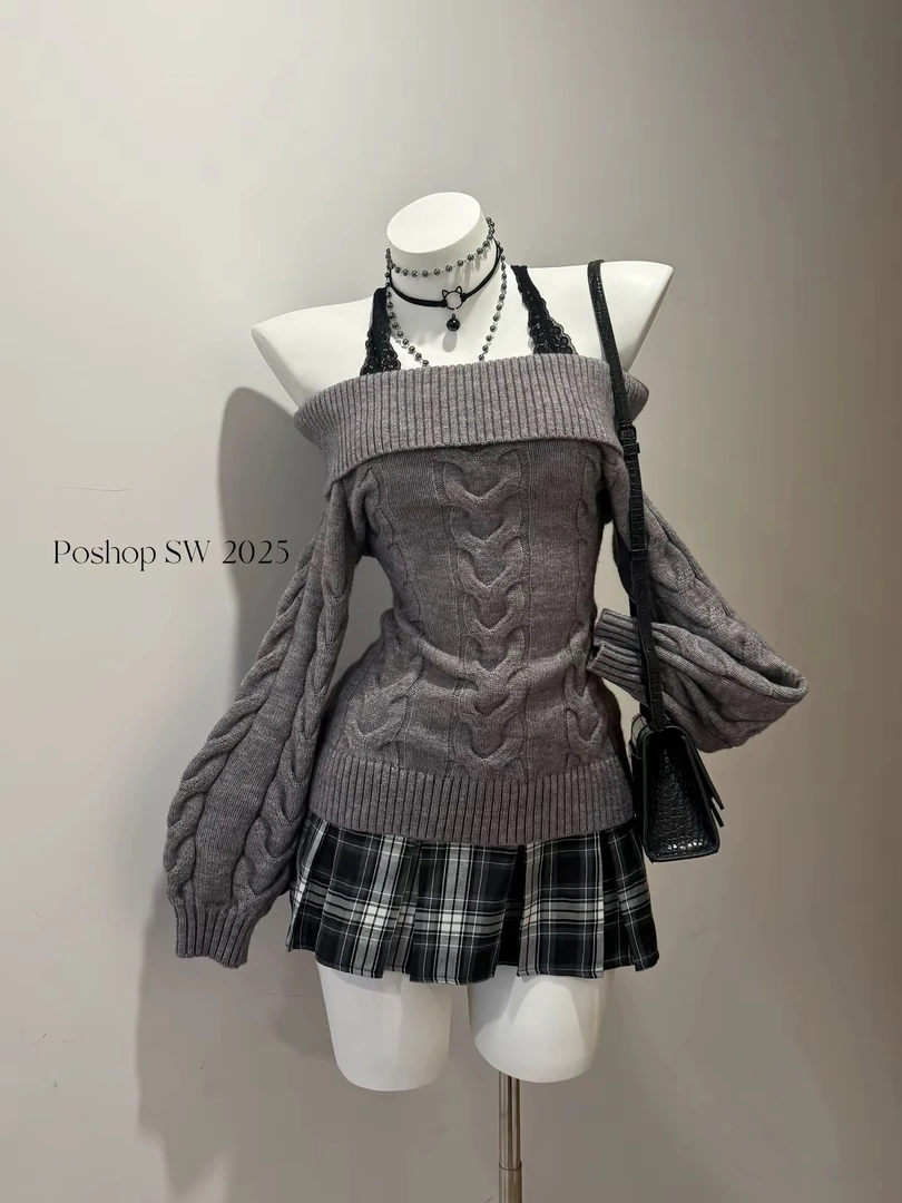 POSHOP 一字肩古着vintage毛衣 秋冬穿搭 收腰显瘦